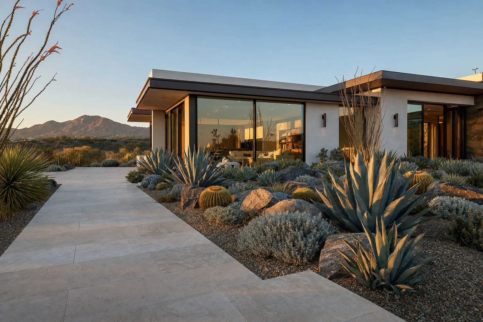 Desert landscape concept with agave, natural stone and a modern home