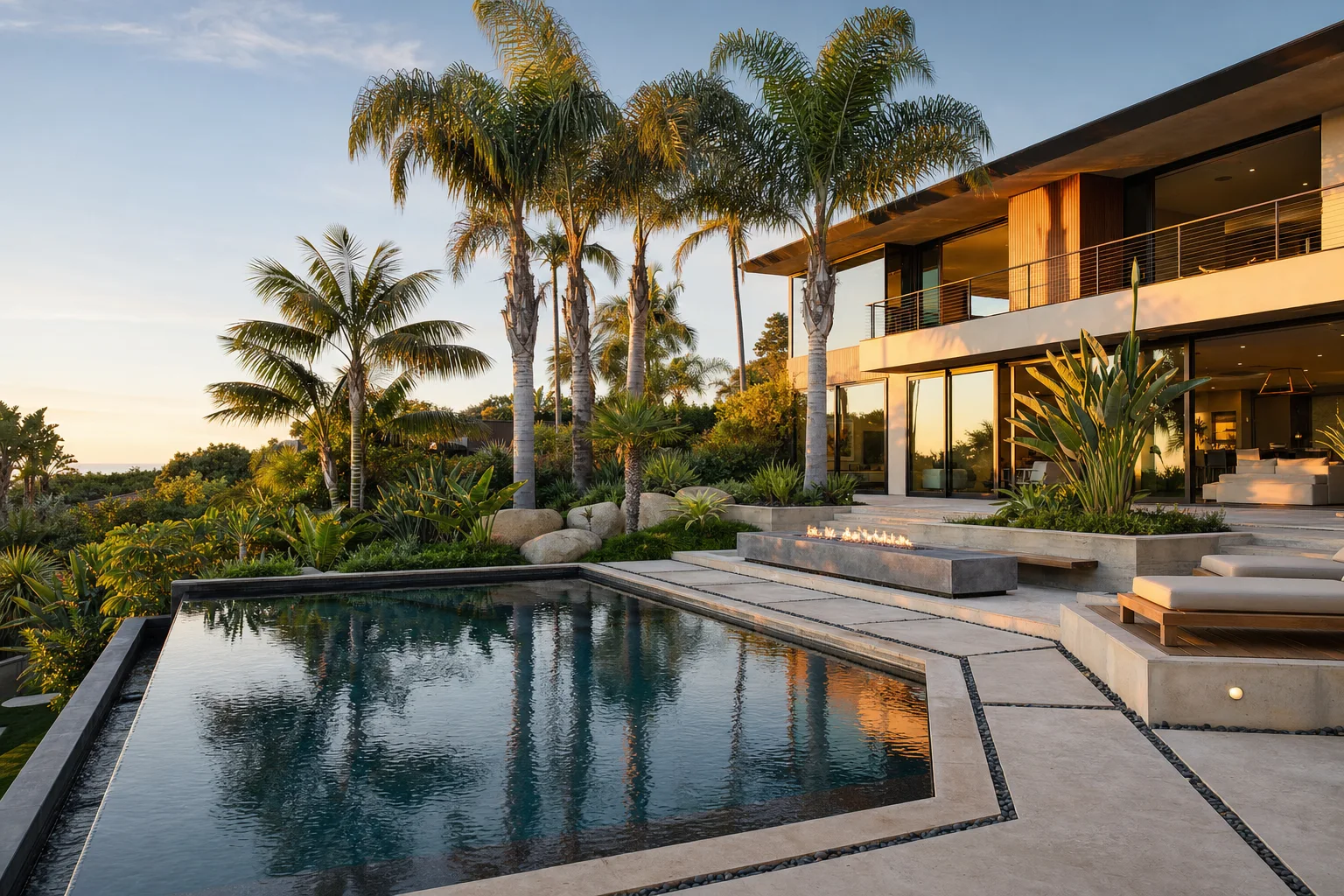 Tropical outdoor living concept with palms and modern paving